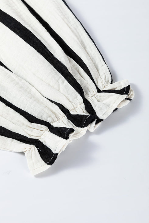 Stripe Crinckled Ruffled Sleeve Button up Loose Shirt